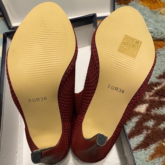 Dark red, peep-toe sock “bootie” heels. - Picture 2 of 2